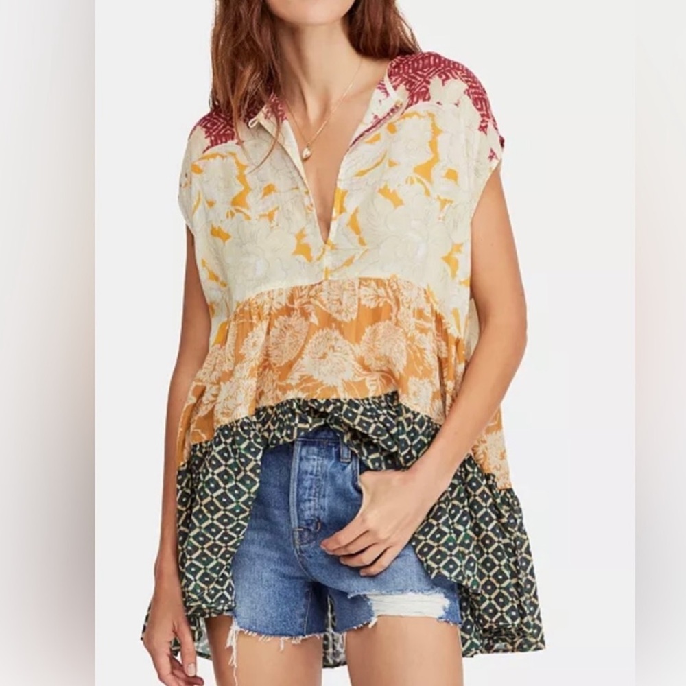 Free People Gotta Have You Mixed-Print Keyhole Top Size XS